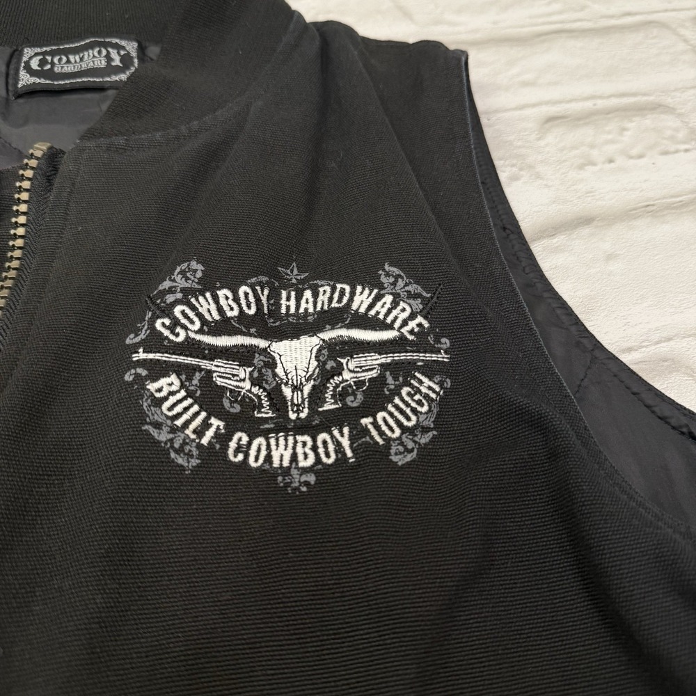 Cowboy Hardware Vest Mens M Black Duck Canvas Western Quilt Lined Embroidered - Picture 4 of 15